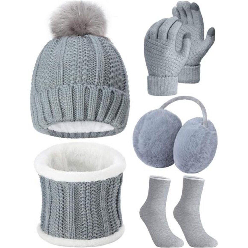 5 Pieces Women Winter Warm Set Knit Beanie Hat Scarf Touchscreen Gloves